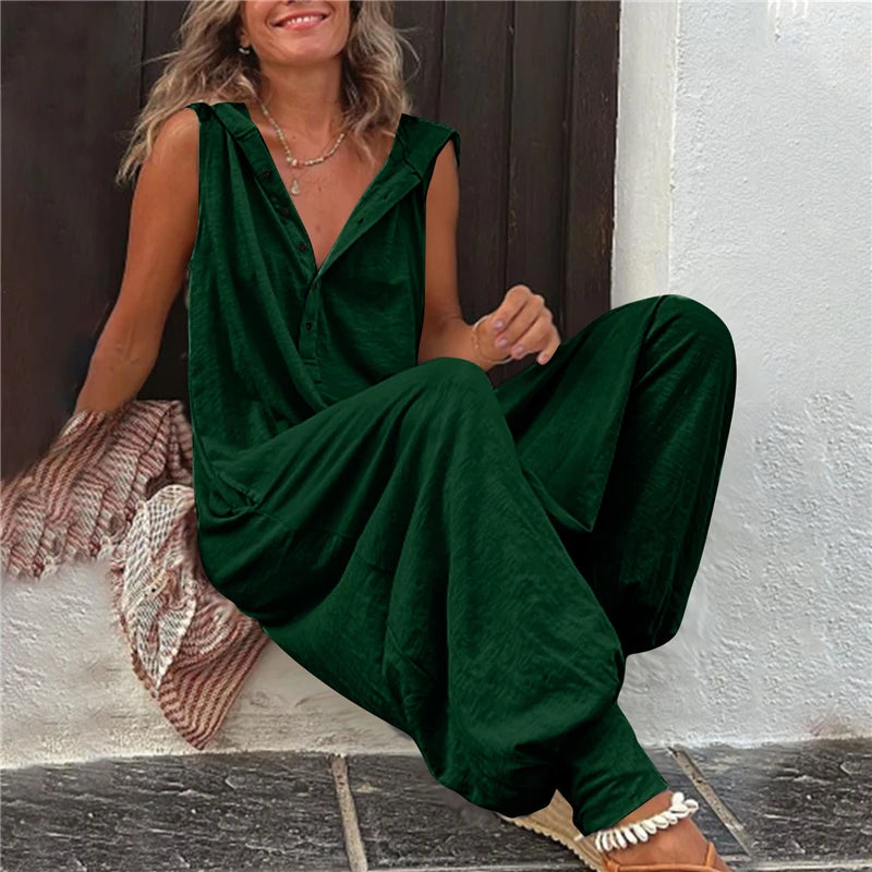 Combinaison en lin ample streetwear vintage avec capuche et poches