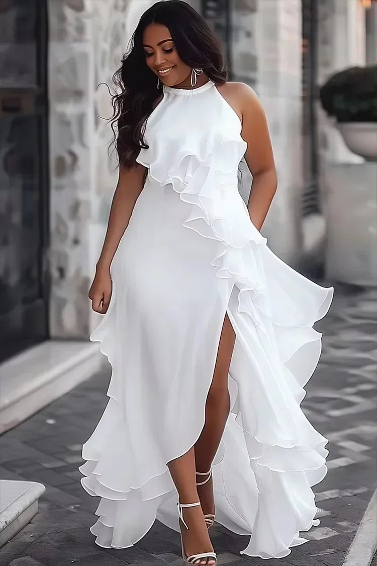 Fluid flounced hem halter shoulder dress with long slit for women