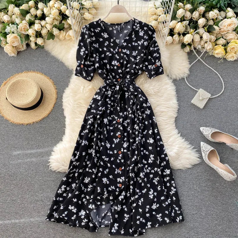 Midi floral dress with V-neck, puff sleeves and belt for women