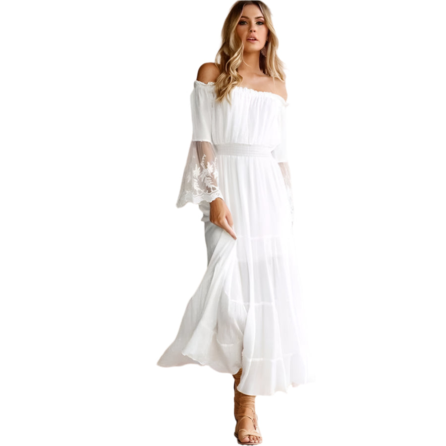 Robe longue d'été à manches évasées et épaules dénudées - Style bohème chic pour femme
