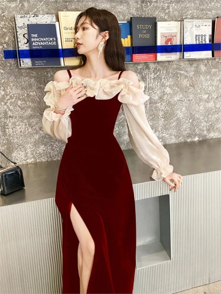 Elegant flounced hem dress with off-shoulder neckline & slit for women