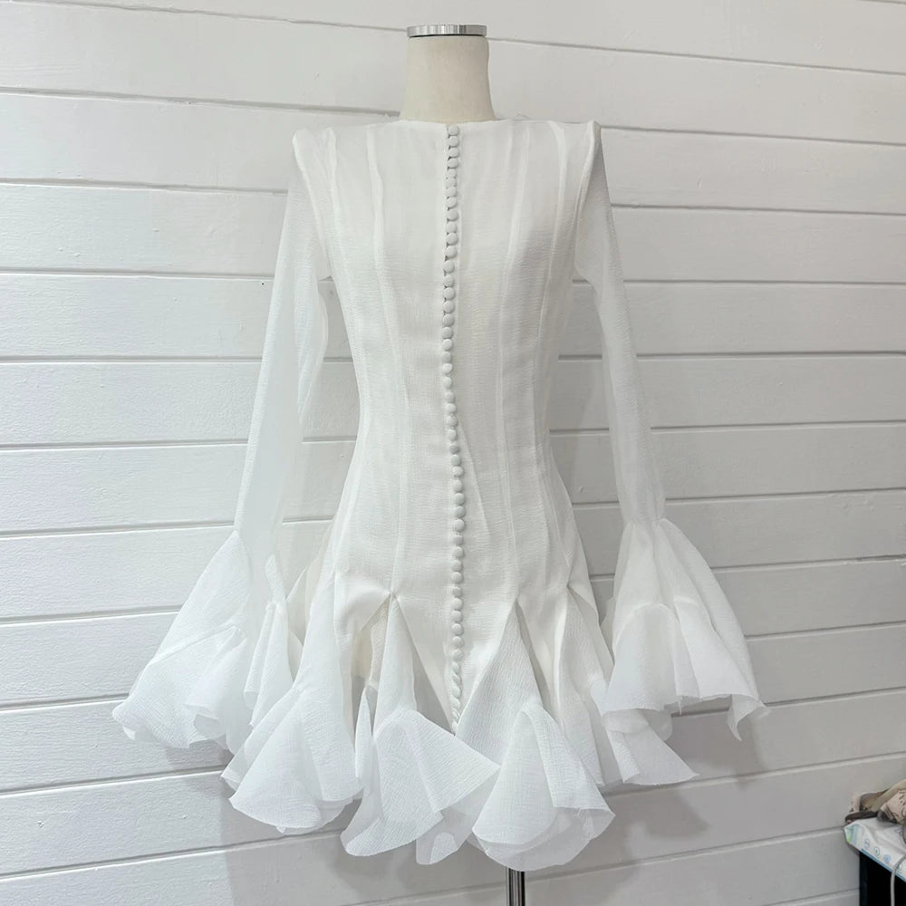 Chic flounced hem dress with long sleeves and round collar for women