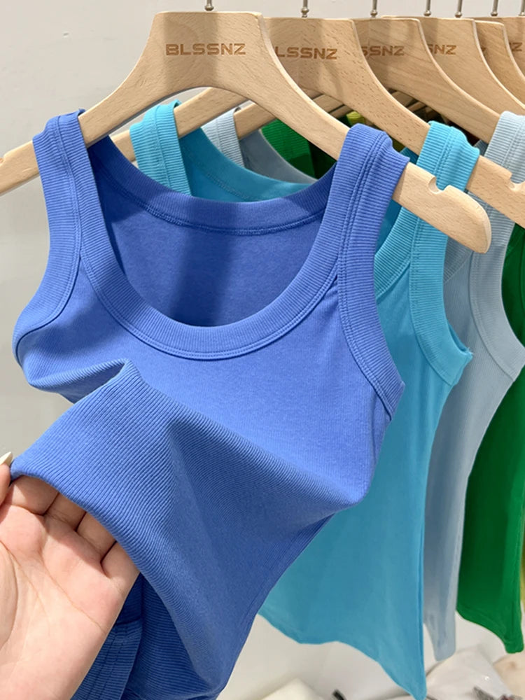Elastic ribbed knit sleeveless round neck tank tops for women