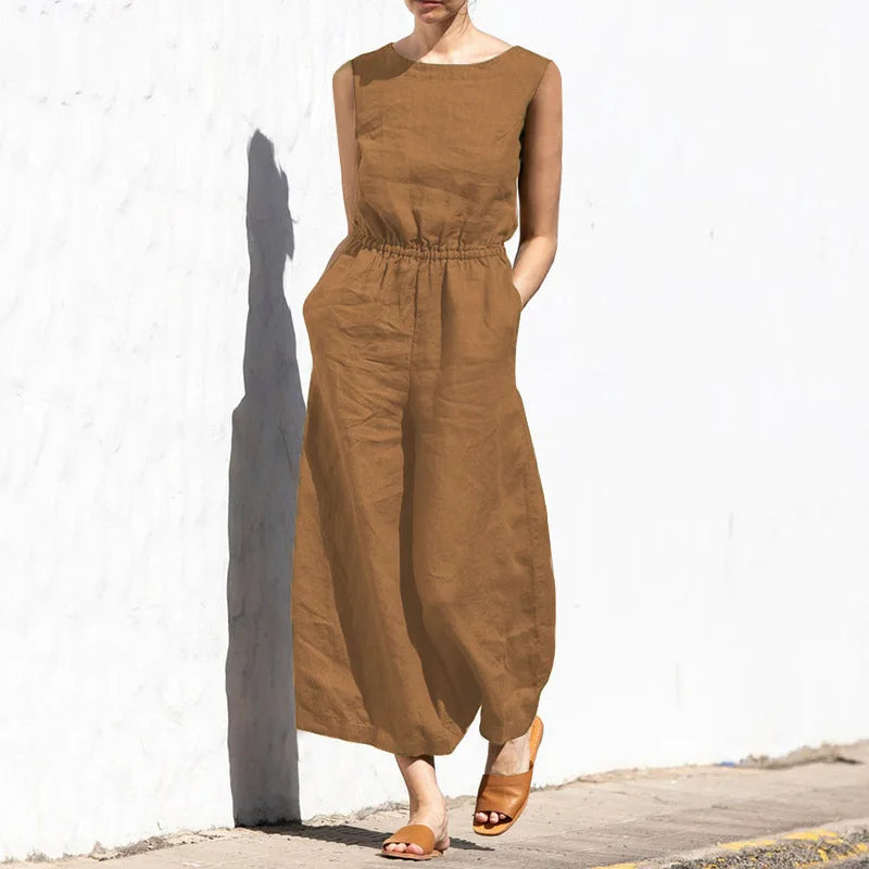 Combinaison en lin ample sans manches poches taille haute fluide