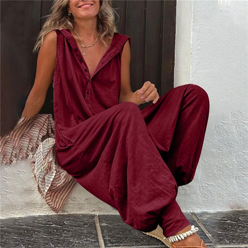 Combinaison en lin ample streetwear vintage avec capuche et poches