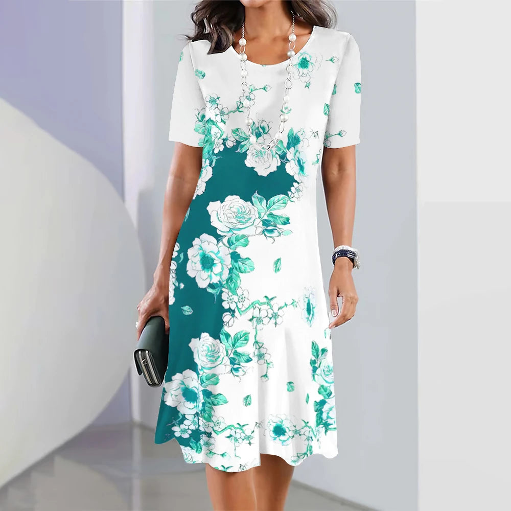Floral midi dress for women – elegant with short sleeves and flowing