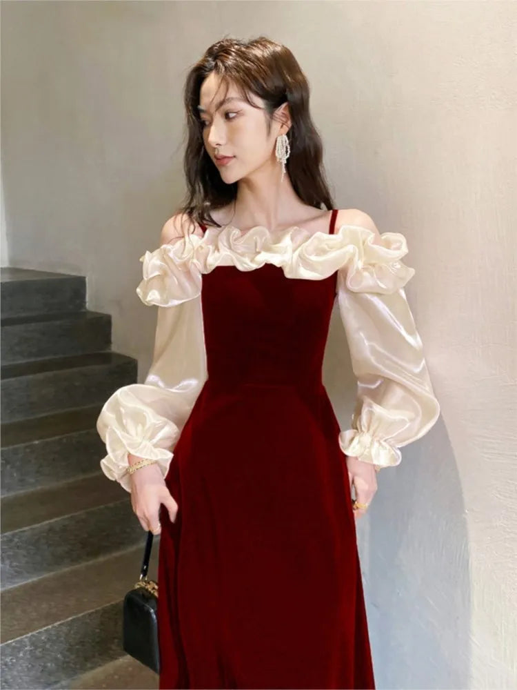 Elegant flounced hem dress with off-shoulder neckline & slit for women