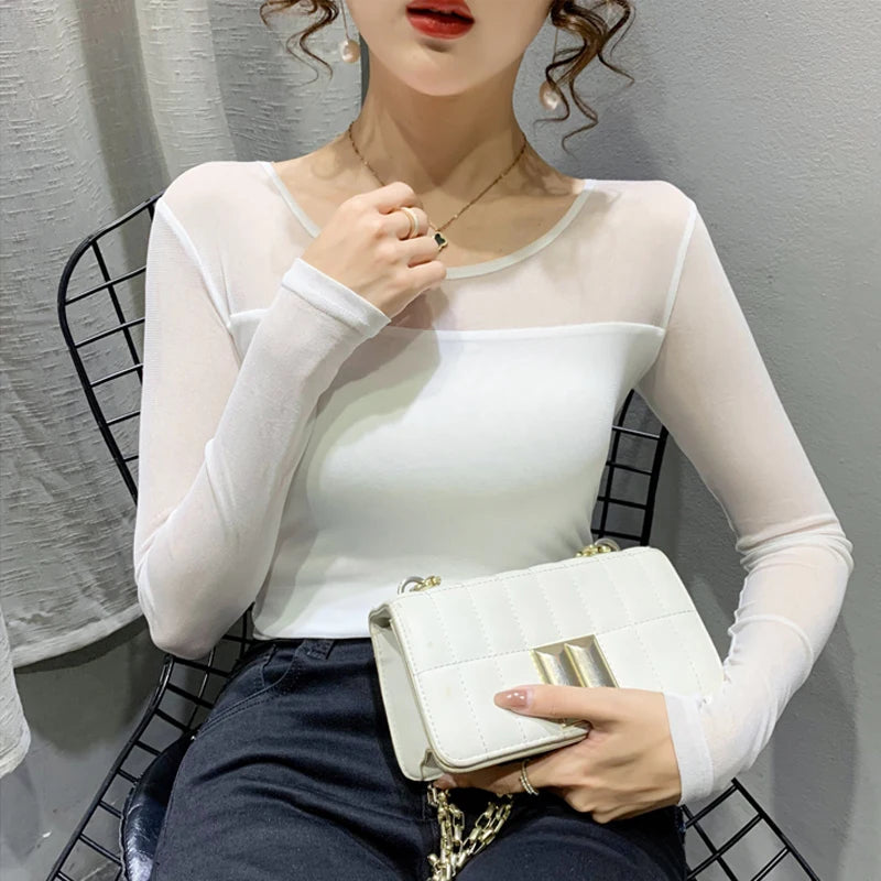 Slim round neck top in transparent mesh for women – chic long sleeves