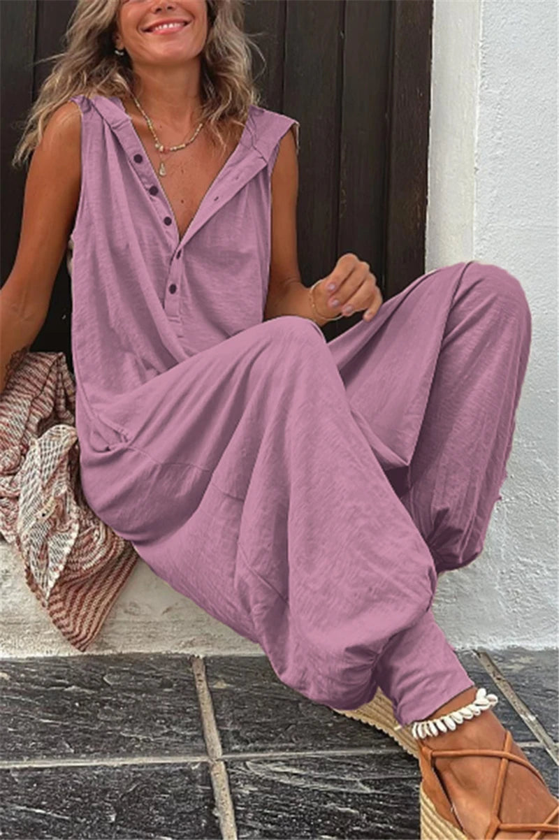 Combinaison en lin ample streetwear vintage avec capuche et poches