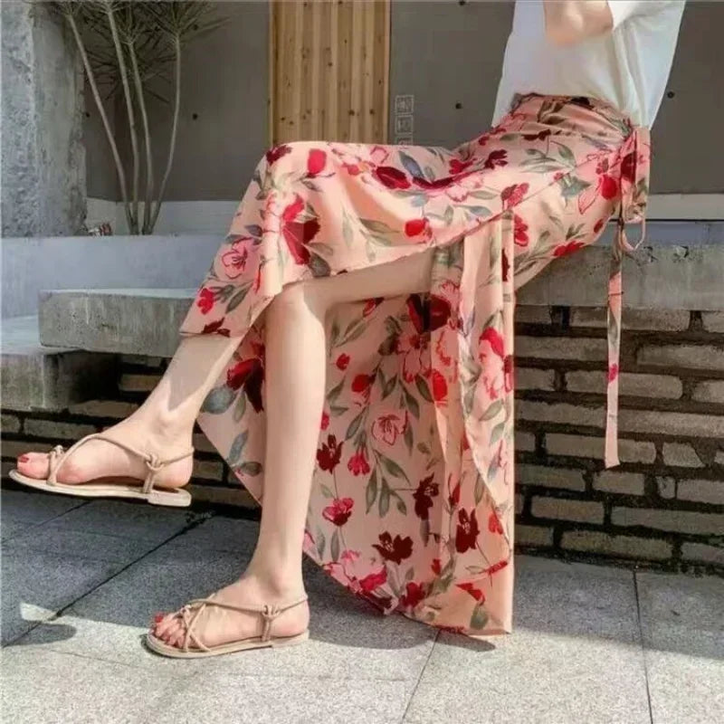 High-waisted long wrap skirt with floral details and slit for women