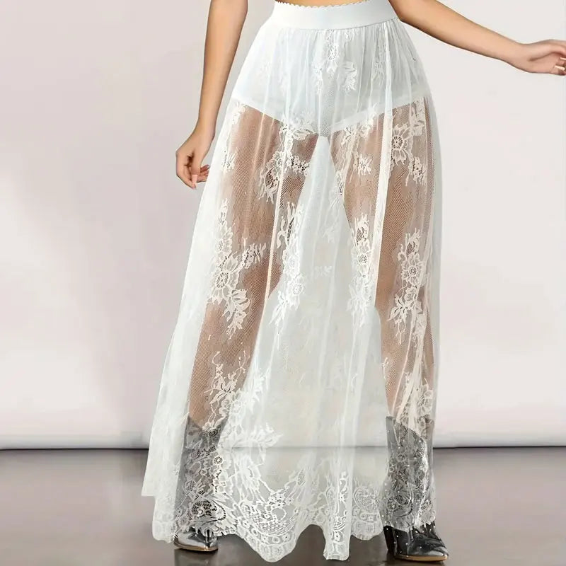 Long gothic high-waisted skirt in transparent lace for evening wear