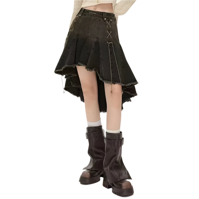 Jupe portefeuille plissée asymétrique en jean Y2K avec détails bandage