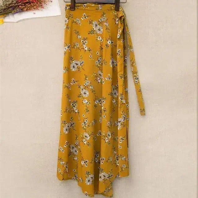 High-waisted long wrap skirt with floral details and slit for women