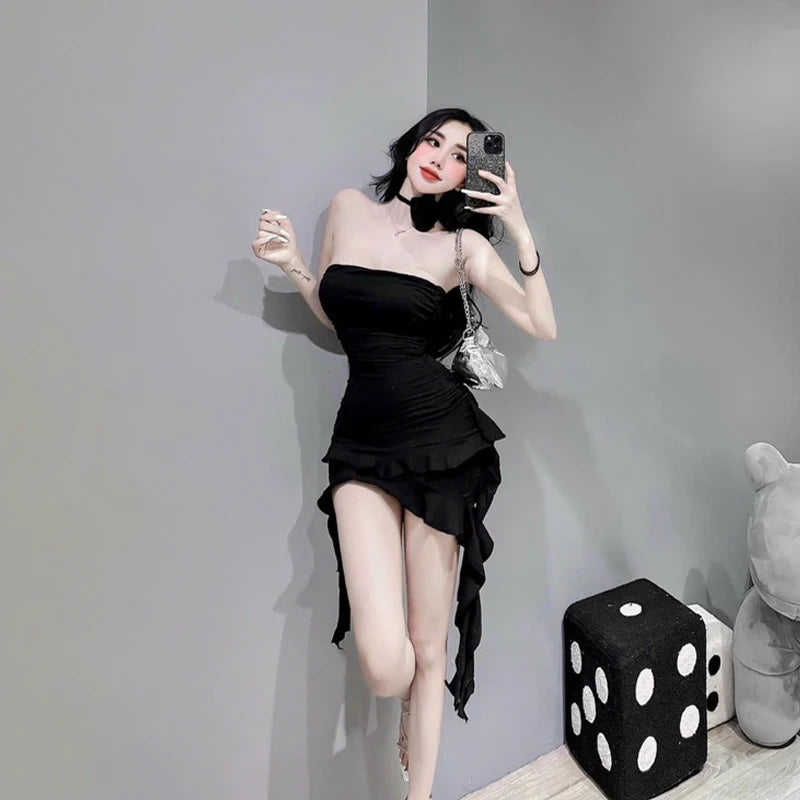 Dress with flounced hem, fitted bustier, asymmetrical, chic evening