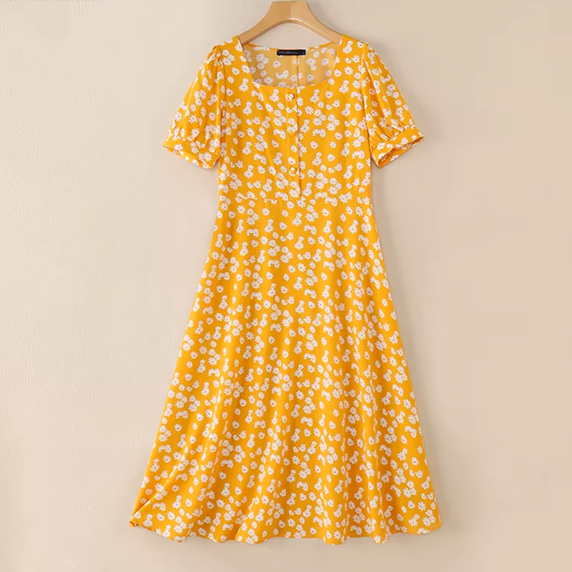 Robe longue fleurie pour femme, longueur mi-mollet et encolure boutonnée