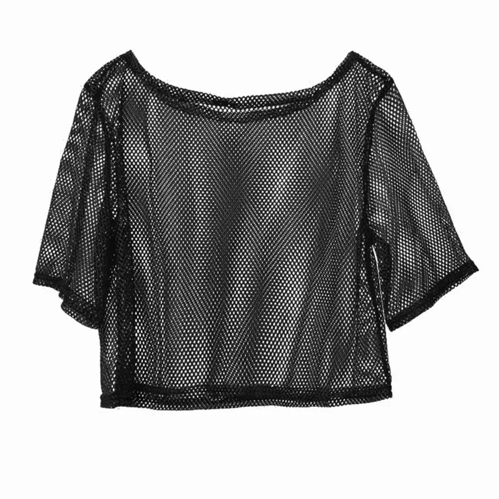 Transparent mesh knit top with high collar for women