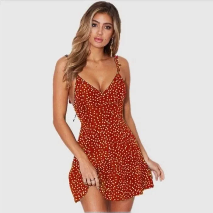 Mini backless sleeveless polka dot dress with ruffle straps for women