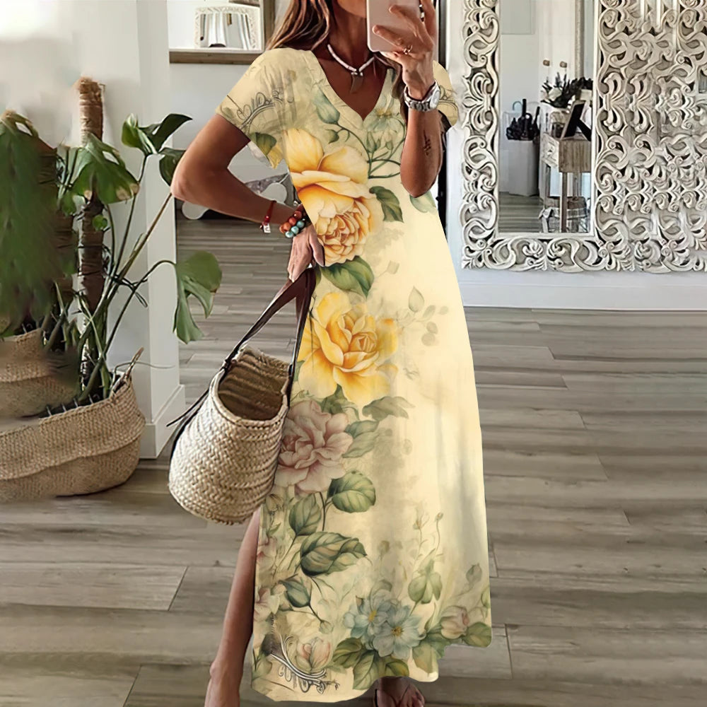 Floral midi dress with V-neck, short sleeves, loose fit for women