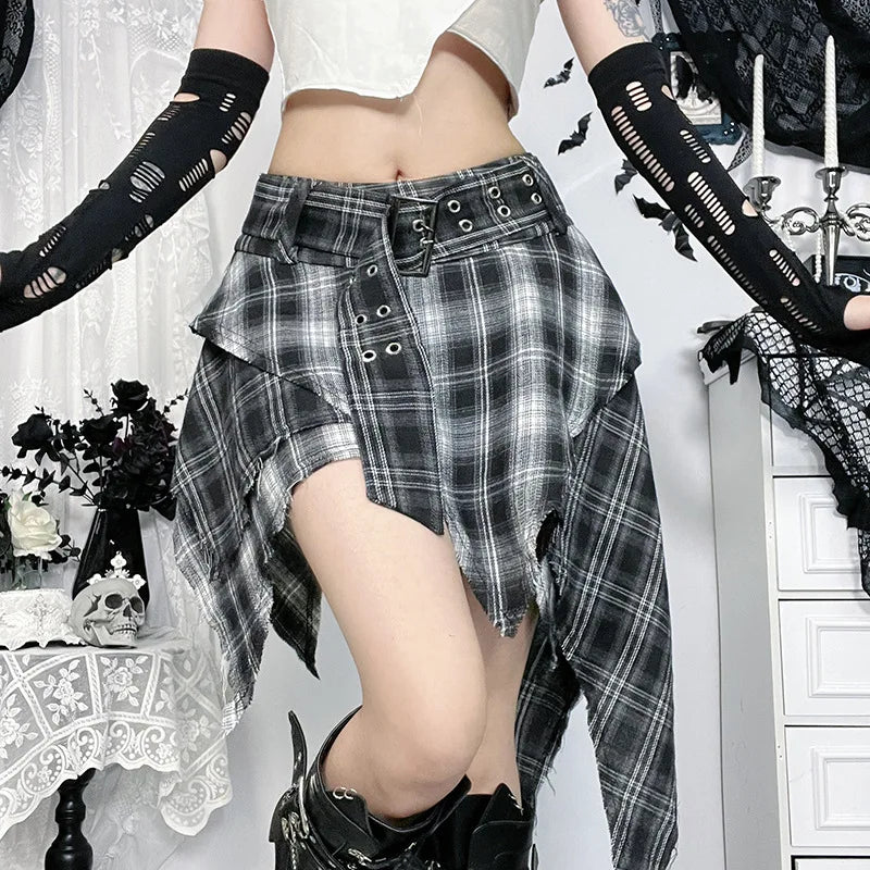 Asymmetric plaid wrap skirt punk streetwear style for women