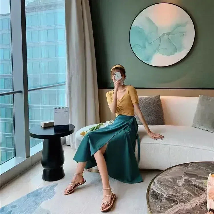 High-waisted long wrap skirt with floral details and slit for women
