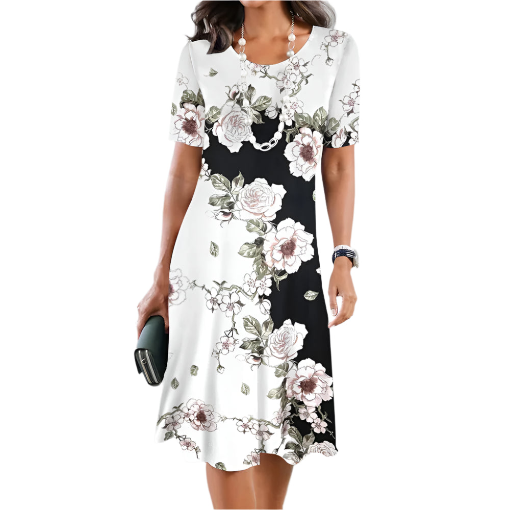 Floral midi dress for women – elegant with short sleeves and flowing