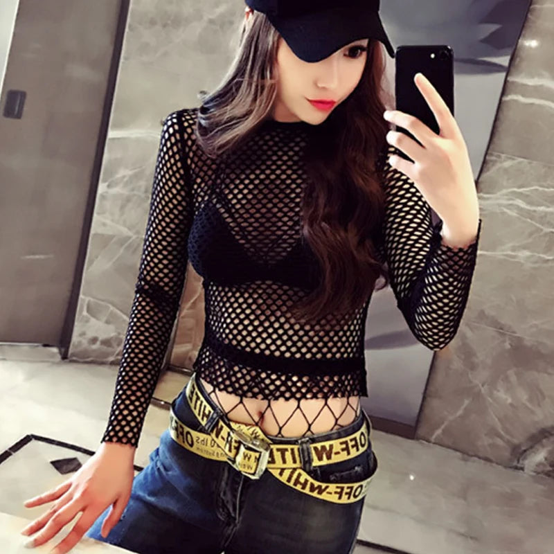 Short transparent mesh long-sleeve top for women
