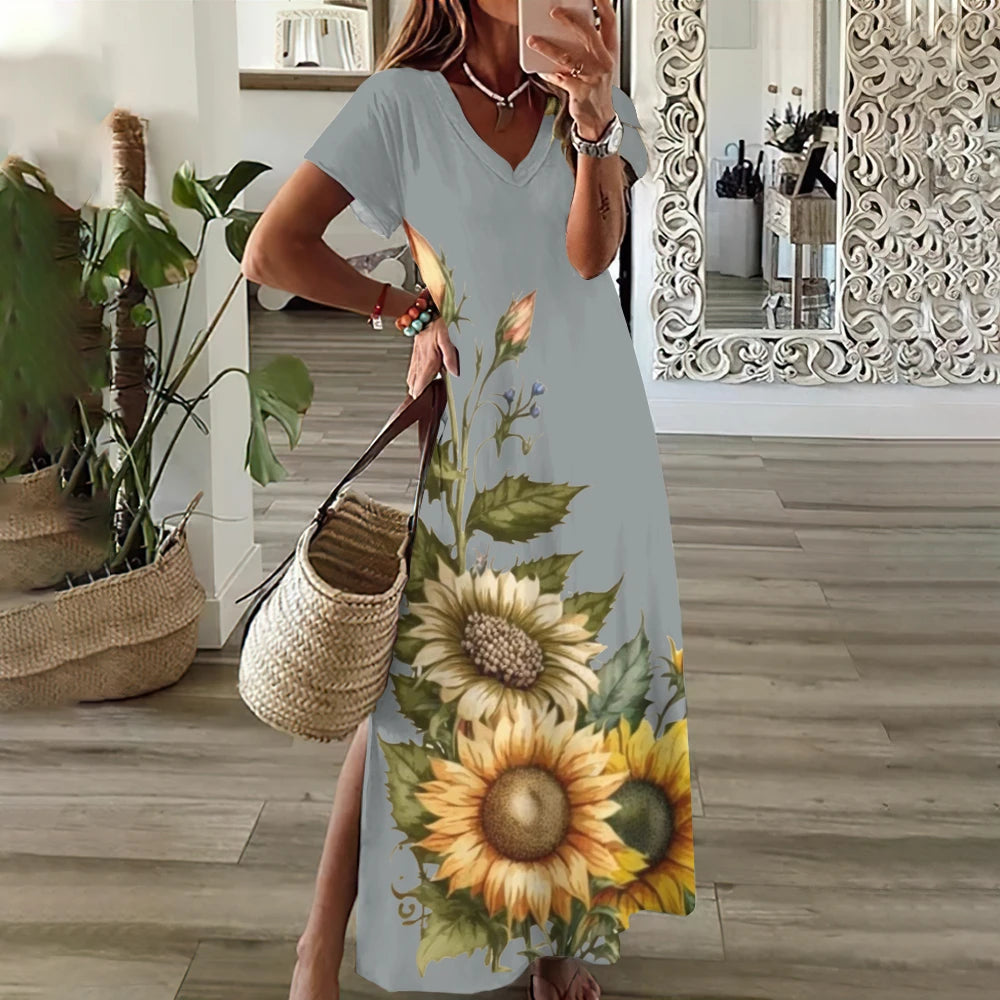 Floral midi dress with V-neck, short sleeves, loose fit for women
