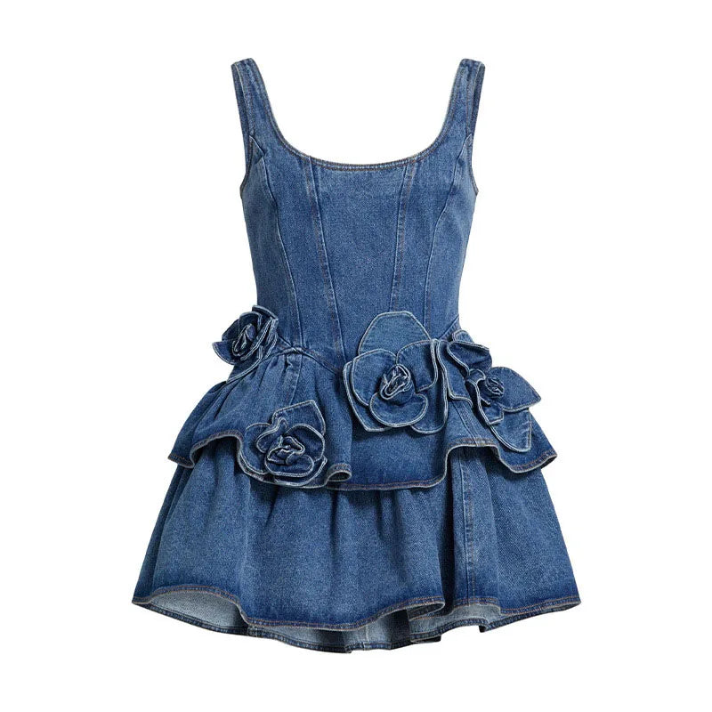 Mini-robe en jean sans manches avec fleurs 3D et jupe à volants pour femme