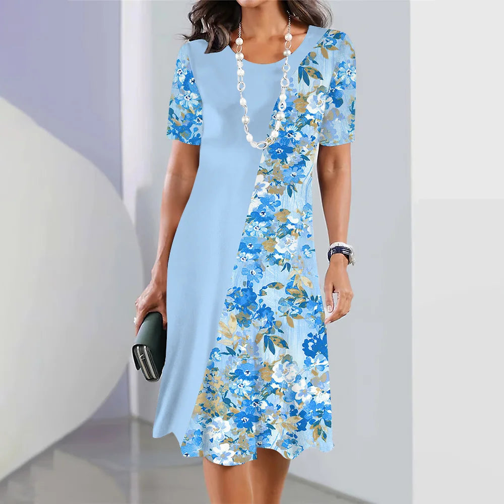 Floral midi dress with short sleeves, loose and elegant for women