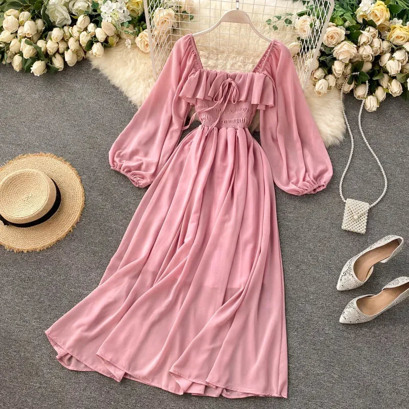 Fluid maxi dress with flounced hem, square neckline & balloon sleeves for women
