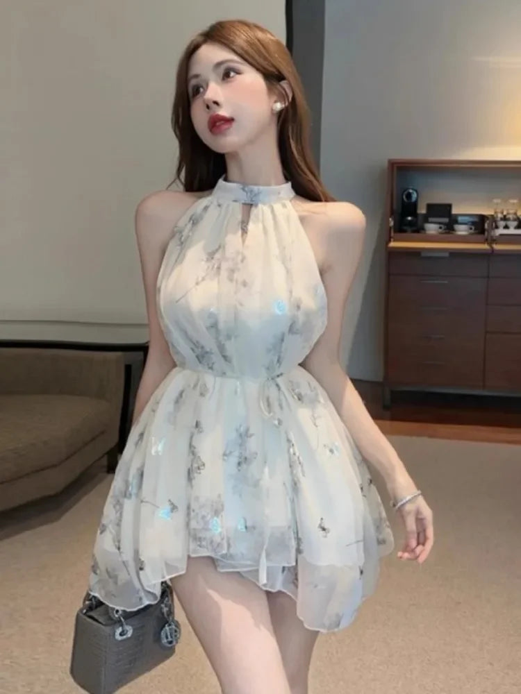 Mini backless ruffled dress for women, summer floral pattern - elegant summer style