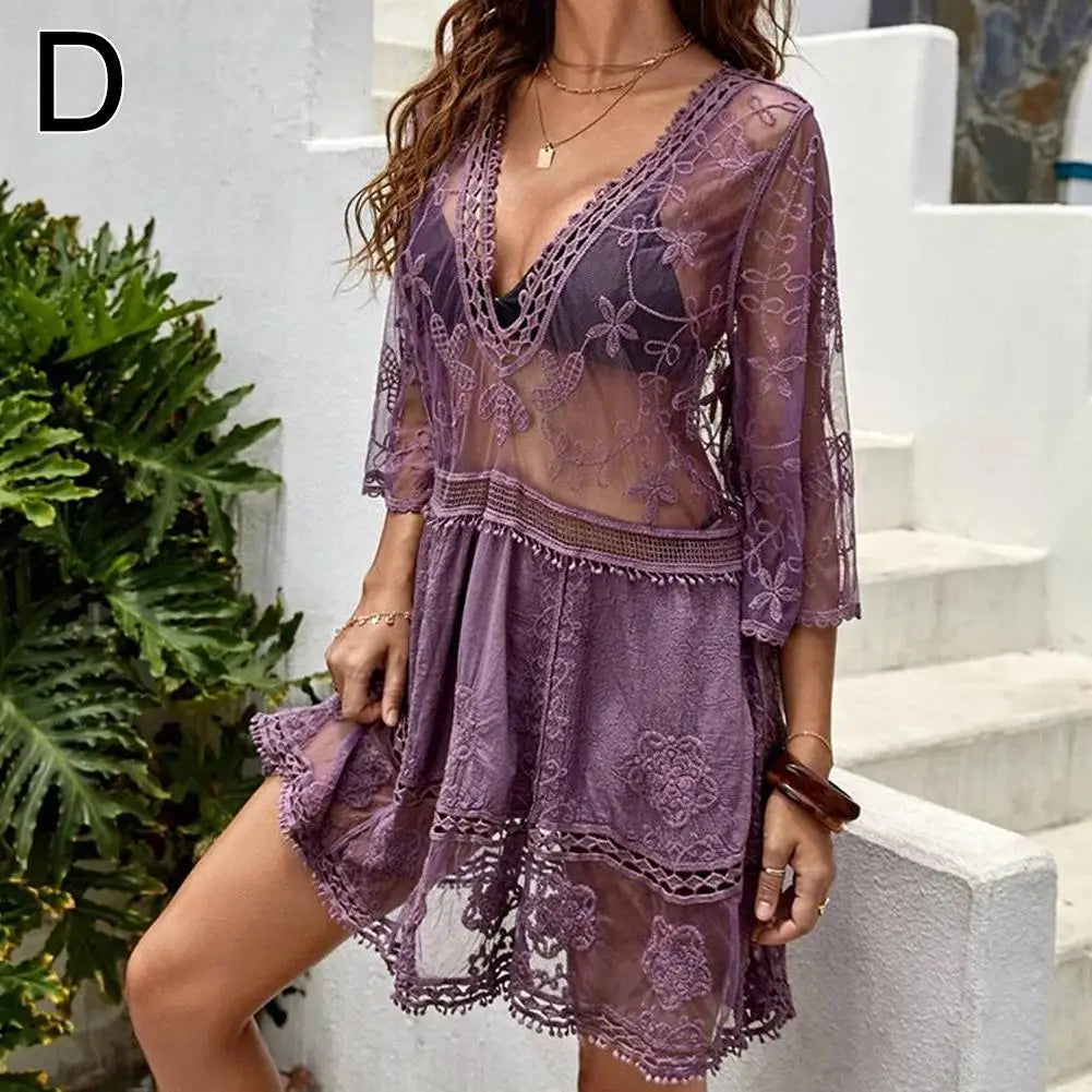 Bohemian beach swimsuit cover-up dress in mesh and lace for women