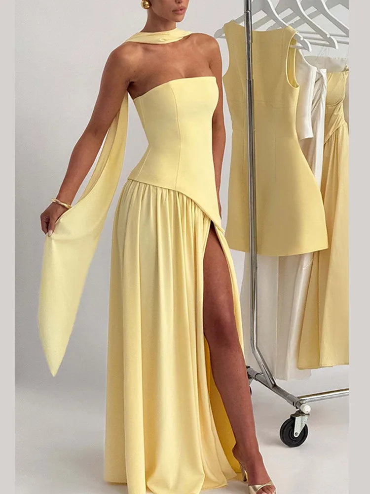 Robe plissée bustier – Robe de soirée dos nu à fente haute pour femme