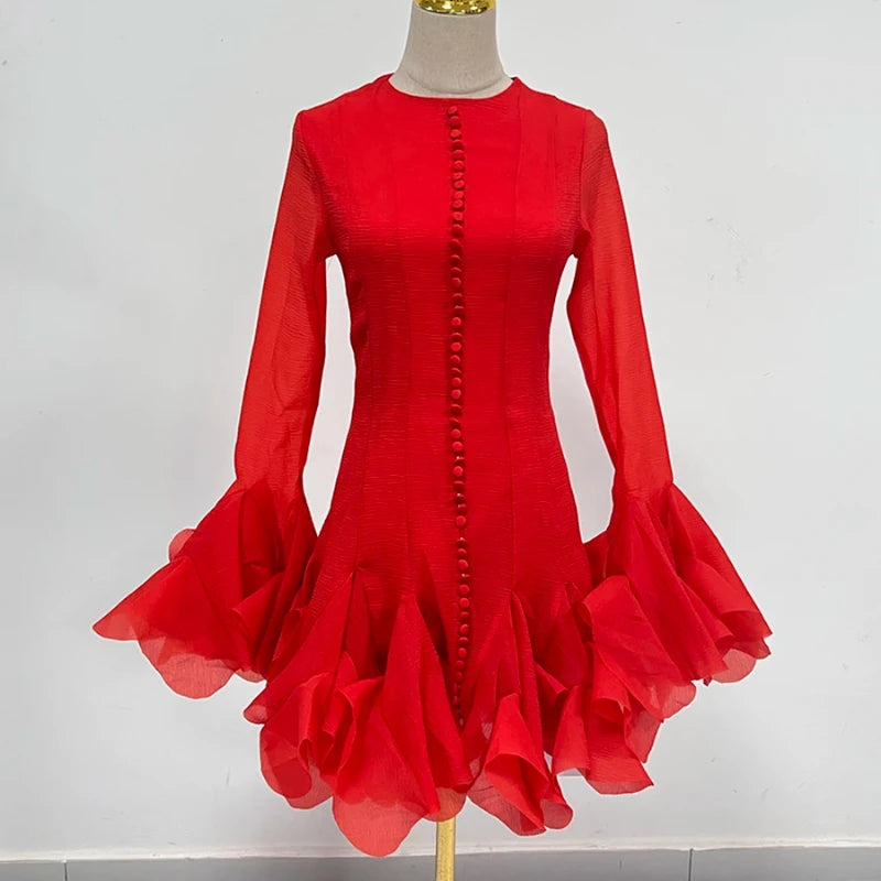 Chic flounced hem dress with long sleeves and round collar for women