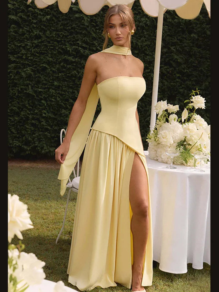 Robe plissée bustier – Robe de soirée dos nu à fente haute pour femme