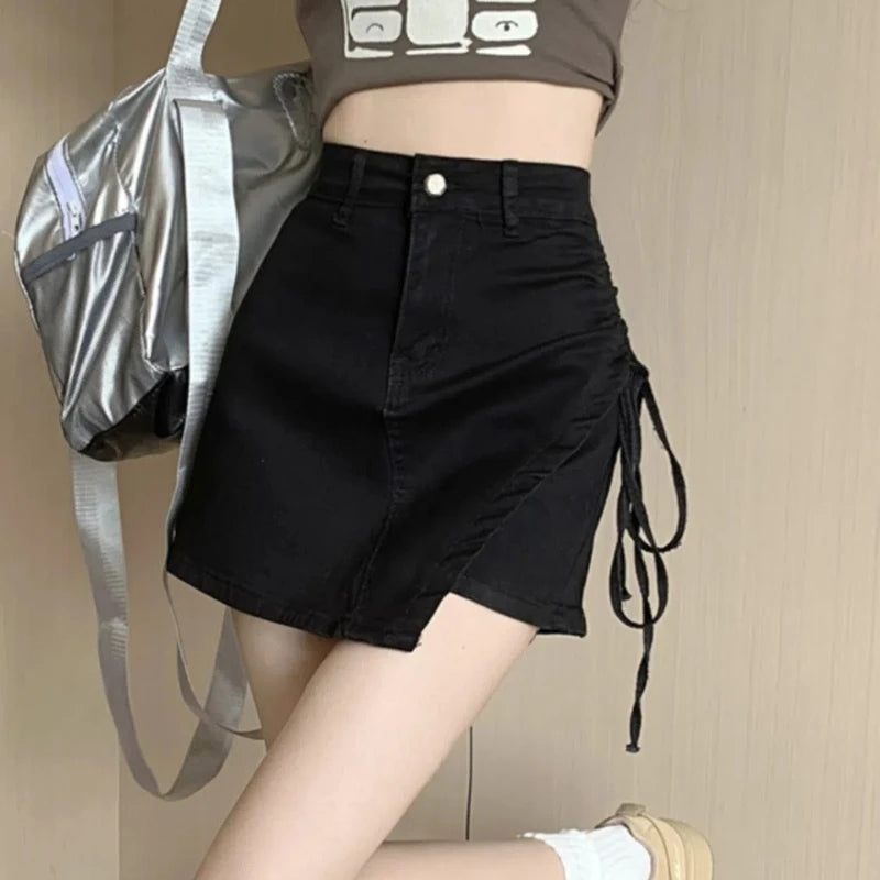 Asymmetric high-waisted denim wrap skirt with drawstring for women
