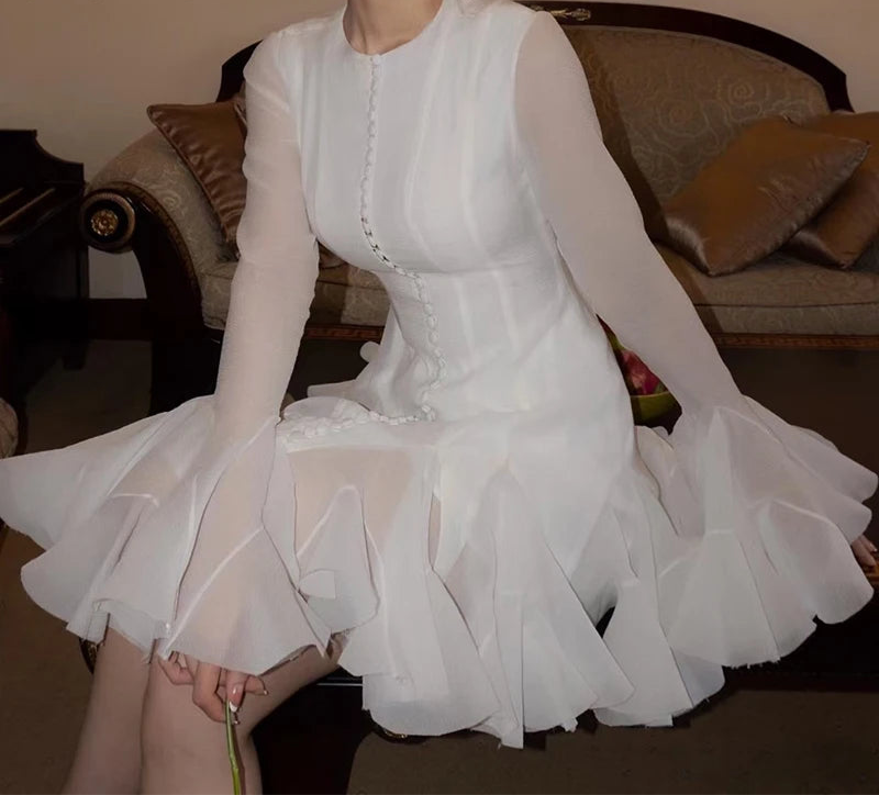 Chic flounced hem dress with long sleeves and round collar for women