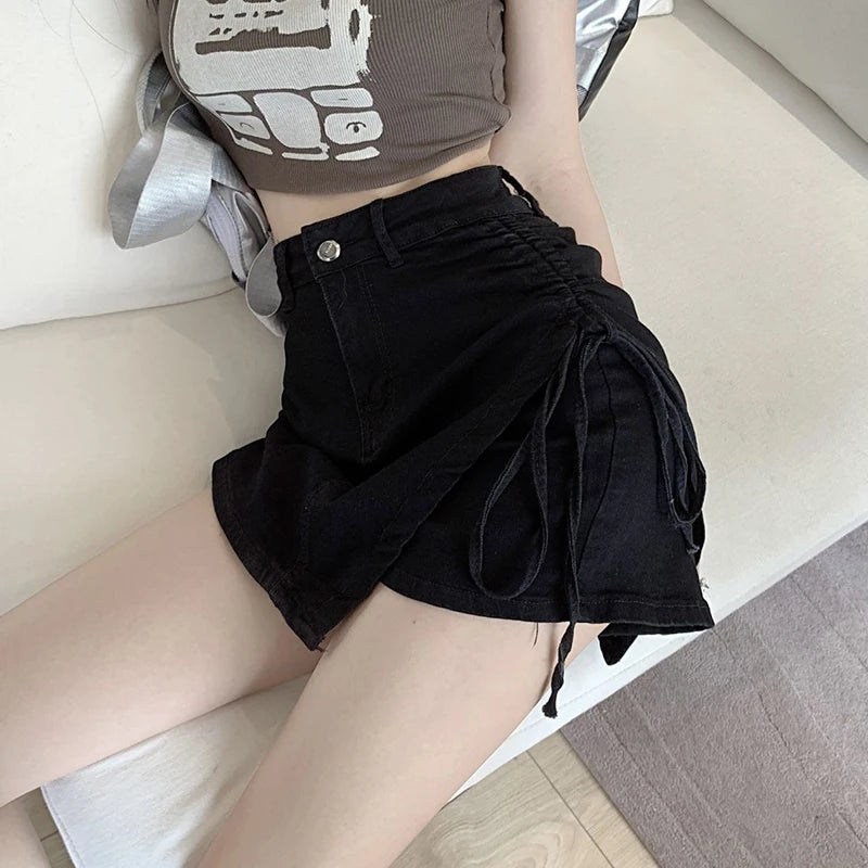Asymmetric high-waisted denim wrap skirt with drawstring for women