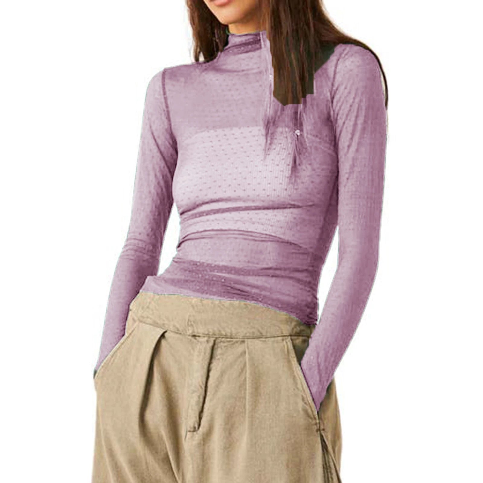 Transparent mesh top with high collar for women – long short sleeves