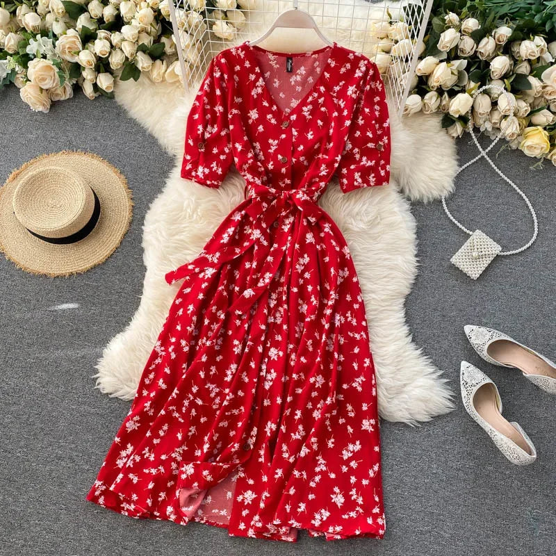 Midi floral dress with V-neck, puff sleeves and belt for women