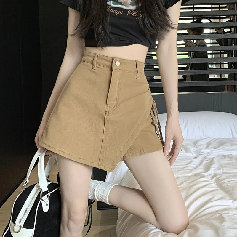 Asymmetric high-waisted denim wrap skirt with drawstring for women