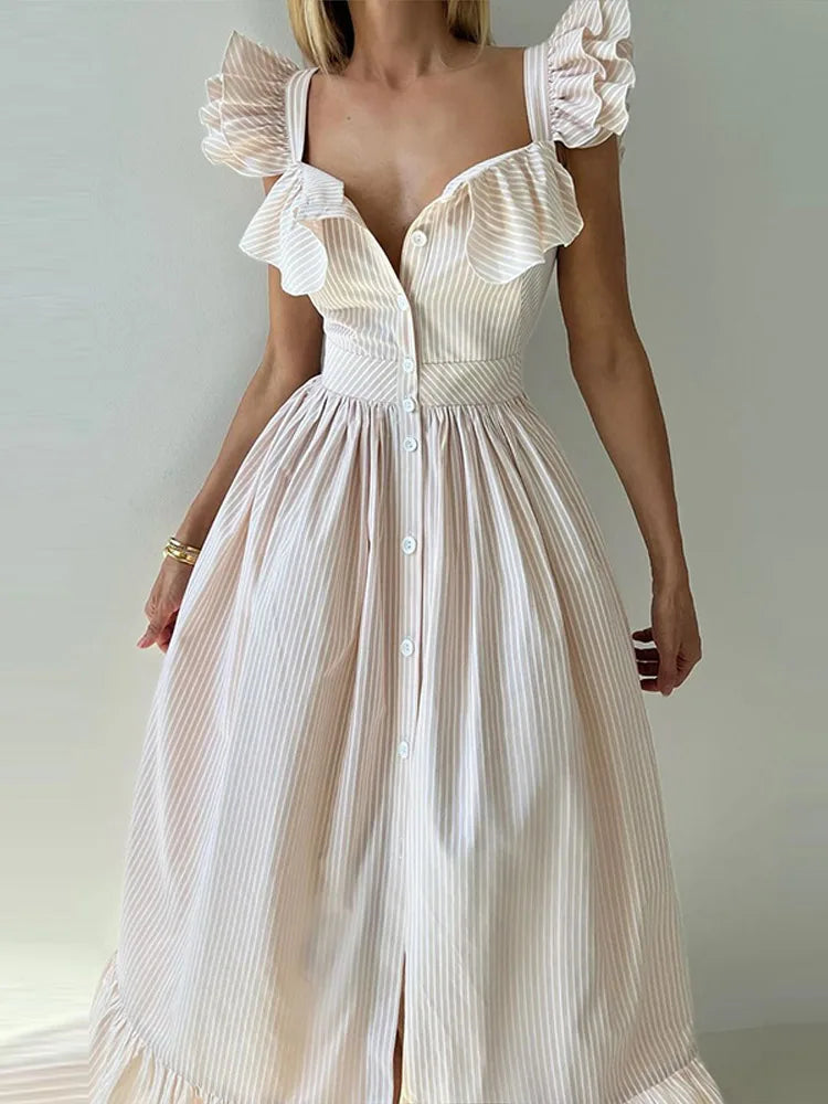 Elegant dress with flounced hem, square neckline, and flounced sleeves for women