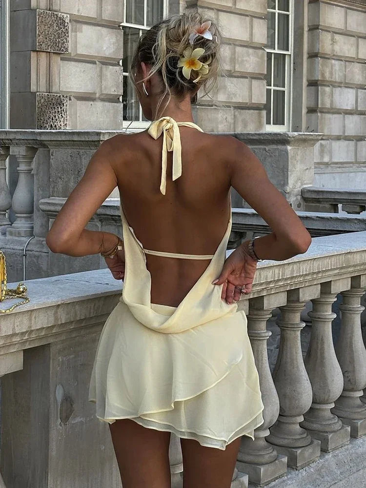 Mini summer dress backless draped deep V-neck beach style