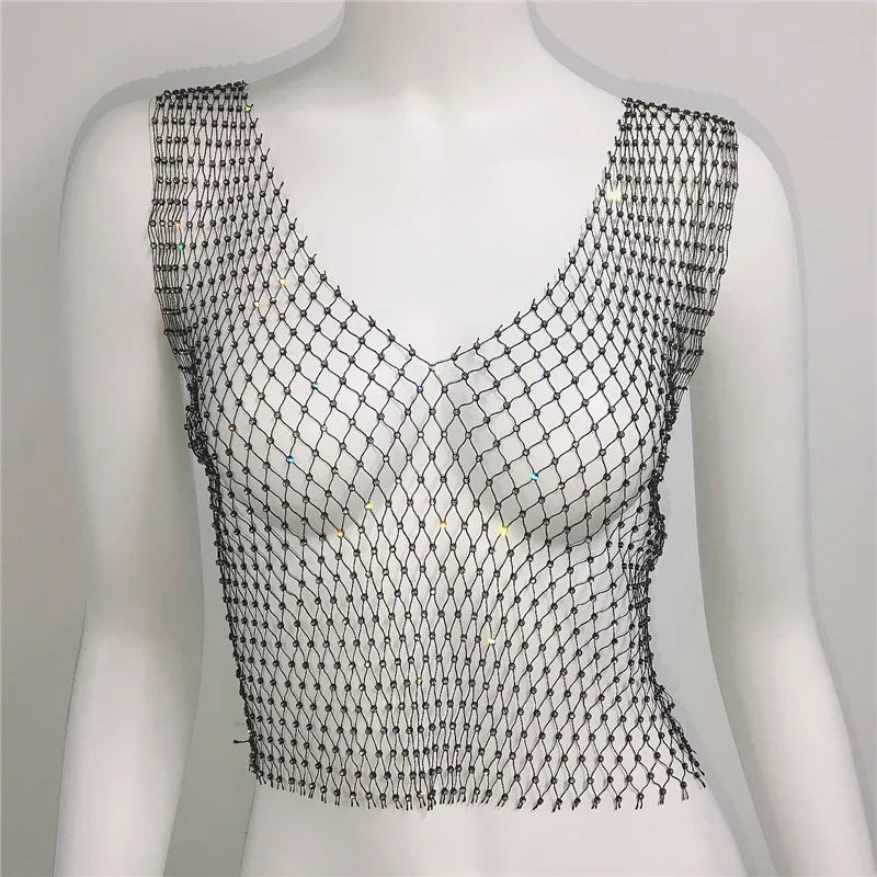 Sleeveless transparent mesh top decorated with rhinestones for women