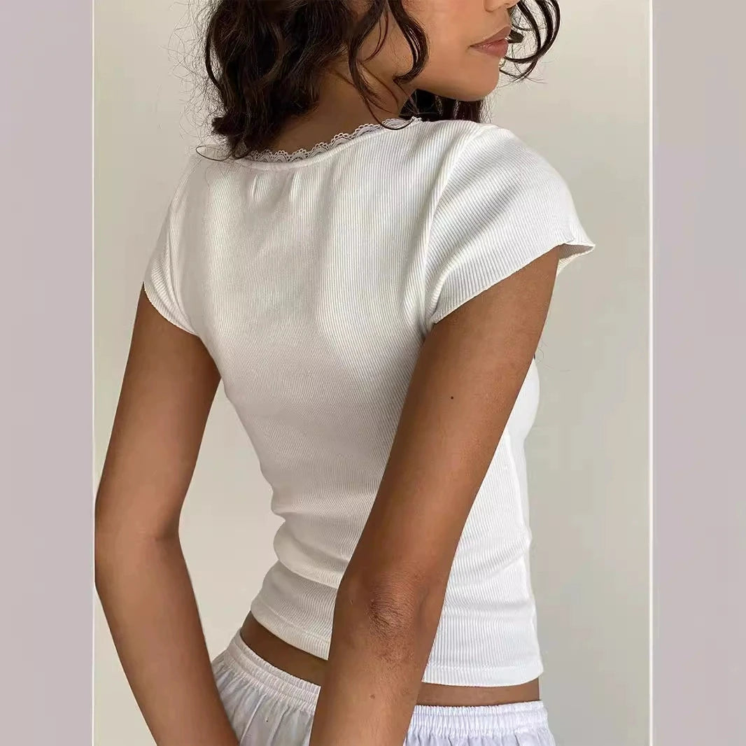 Y2K Coquette Top with Square Neckline and Knitted Lace Trim