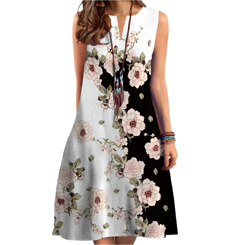 Sleeveless floral midi dress, V-neck and loose fit for women