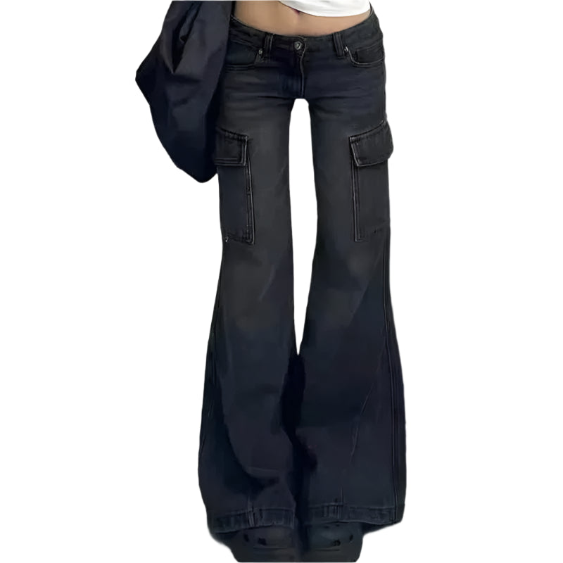 Jean cargo bootcut taille basse - Pantalon utilitaire pour femme avec poches à rabat