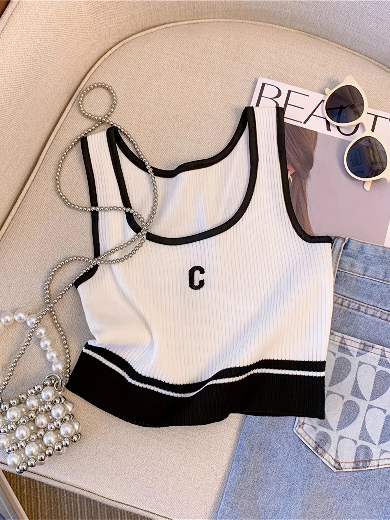 Casual ribbed knit letter print tank tops for women