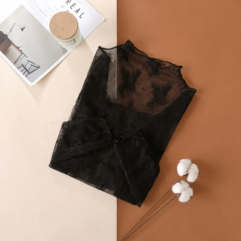 Transparent mesh top with long floral lace sleeves for women