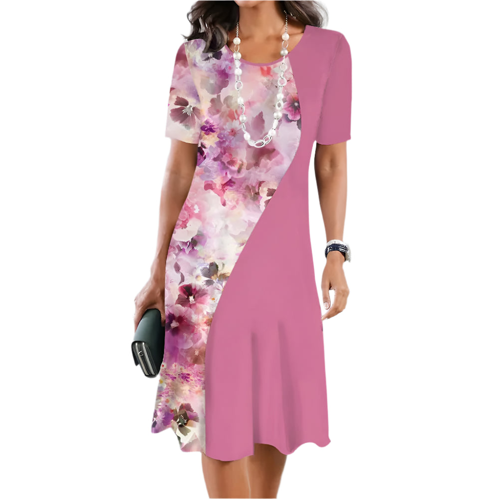 Floral midi dress with short sleeves, loose and elegant for women